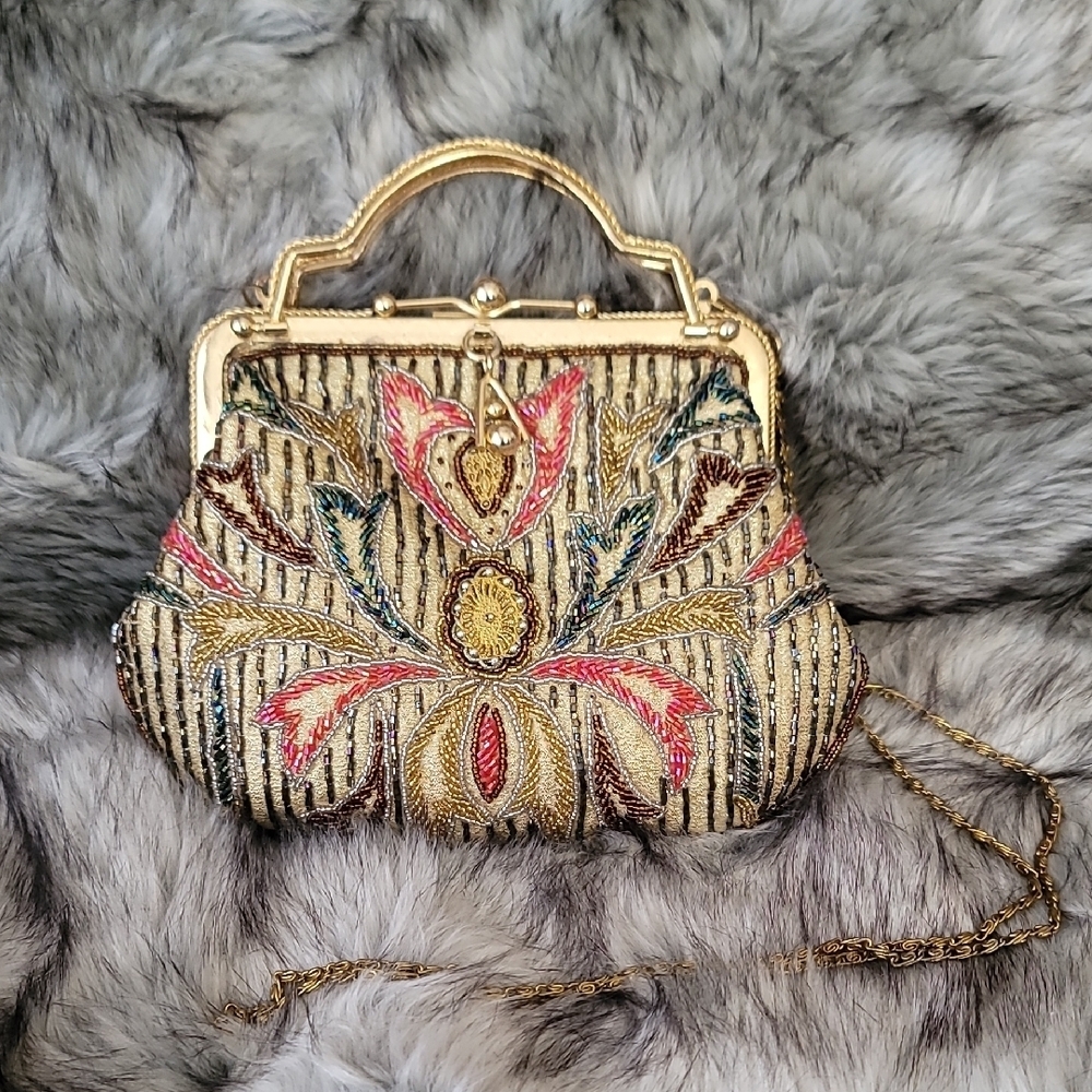 Gold and Multicolor Beaded  Women's Clutch With Crossbody Chain